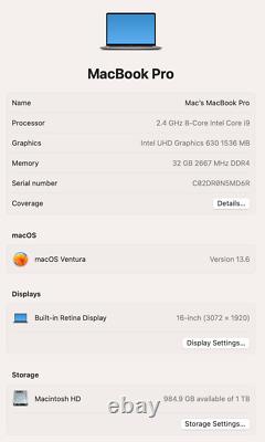 ELITE 2019 16 MacBook Pro 8 Core 2.4ghz i9 / 32GB Ram / 1TB SSD / Space Gray