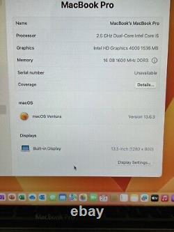Apple MacBook Pro 13,3 2,5GHz i5 16Go RAM 256Go SSD MacOS Ventura