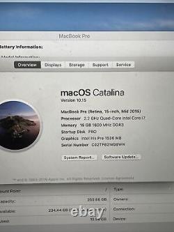 Apple MacBook Pro 15 pouces 256 SSD 16 Go 2,2 GHz Intel Core i7 Retina Office